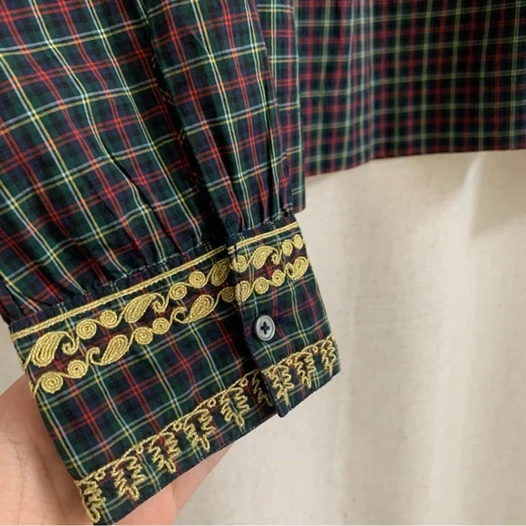 J. Crew Holiday Tartan Plaid Embroidered Gold Popover Peasant Blouse Medium - Picture 3 of 7